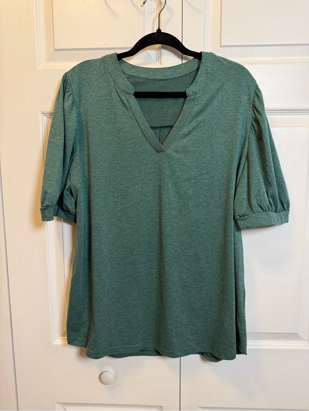 Dark Green Puff Sleeve V-Neck Tunic Top XXL Casual Stretch Blouse